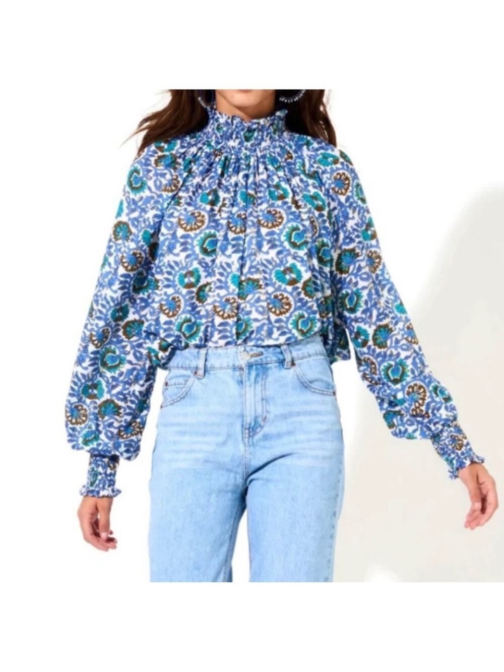Oliphant High Neck Blouse Blue Napa Gold Size Small